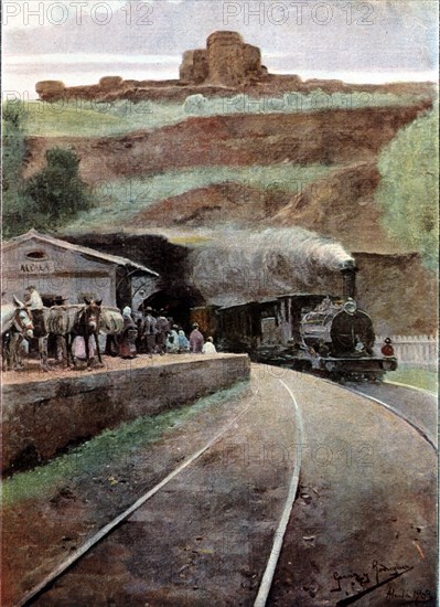 Landscapes of Seville, Panaderos train station, drawing by Garcia y Rodriguez, 1903.
