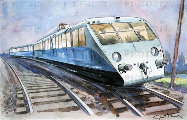 High-speed train, the solid and lightweight Bugatti PLM travelling to Vichy, drawing in L'Illustr?