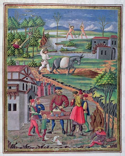 Country Life and hand games, Illustration in 'De Sphera', illuminated manuscript, 15th century.