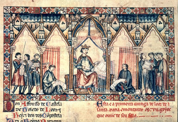 Alfonso X 'The Sage' (1221-1284), king of Castile and Leon,miniada page of his work 'The Cantigas?