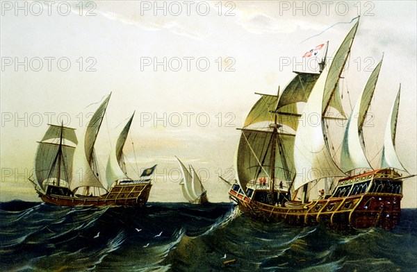 Detail of a lithograph made ??in 1875 showing the Caravels of Columbus' first voyage to America i?