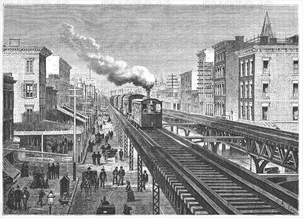 Double way overhead railway, circulating by the Seventh Avenue in New - York, engraving 1872.