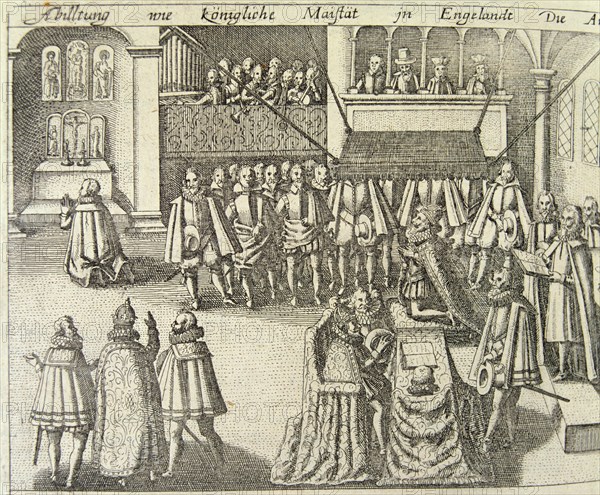 A session of the British Parliament in 1623, engraving.