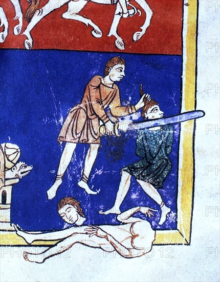Man decapitating the enemy', detail of the scene 'The Siege of Jerusalem (c.597 b.C) by the troop?
