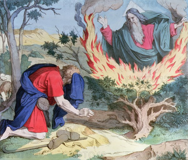 God appears to Moses in a burning bramble, engraving, 1860.