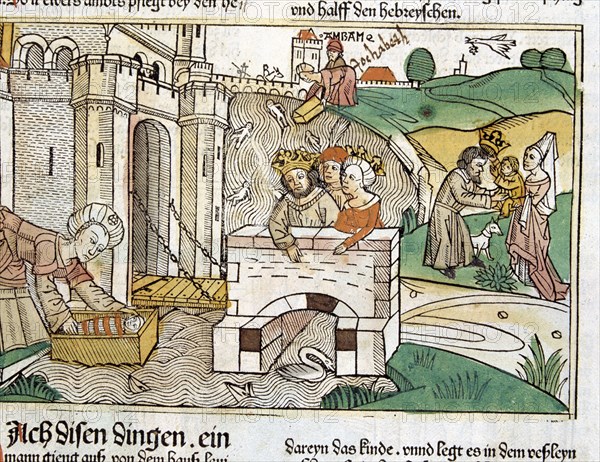 Rescue of Moses, scene in the Bible of Nuremberg written in German, 1483.