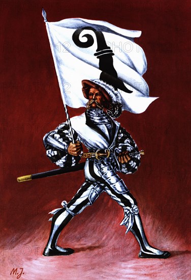 Flag bearer from the canton of Bâle, c. 1520. Color engraving from 1943, published by Editions Fr?