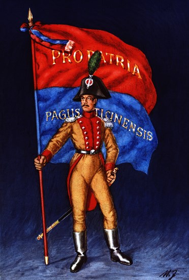 Flag bearer from the canton of Tessin, c. 1809. Color engraving from 1943, published by Editions ?