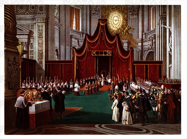 Pontifical ceremonies. Blessing of the Palm Sunday. Color engraving from 1871.