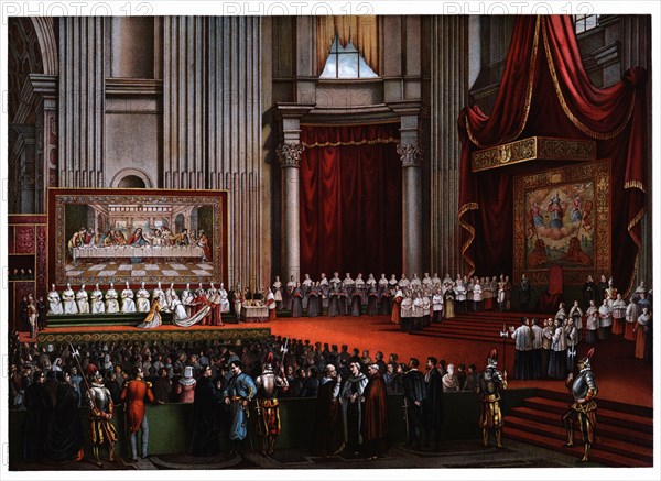 Pontifical ceremonies. Cardinals pedilavium, color engraving, 1871.