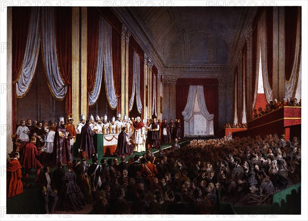 Pontifical ceremonies. Cardinals Dinner. Color engraving from 1871.