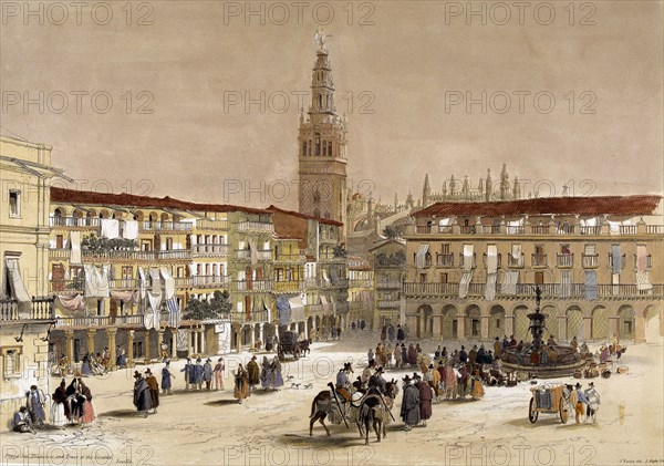 Plaza de San Francisco in Seville, 19th century drawing.