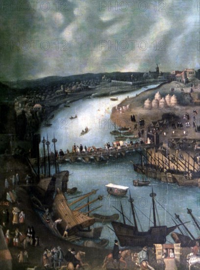 View of Seville, detail of the left side. Oil work by Sanchez Coello.