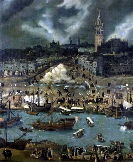View of Seville, detail of the central part. Oil work by Sanchez Coello.