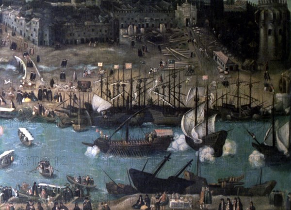 View of Seville, detail of the right side. Oil work of Sanchez Coello.