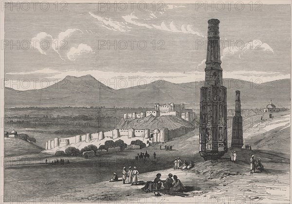 British-Afghan war, fortress and citadel of Ghuzni and two of its minarets in Afghanistan.