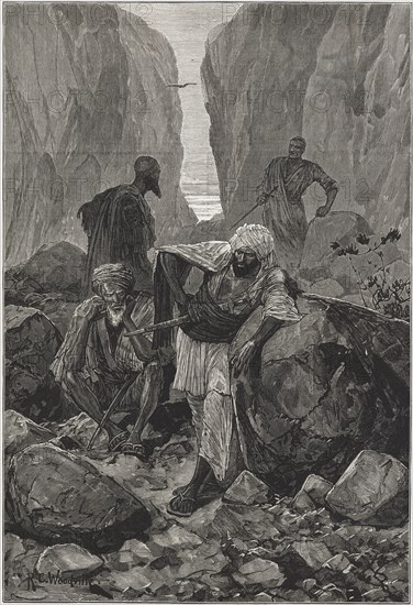 British-Afghan war, Afghan warriors placed in ambush in the Khyber Pass, engraving from 1878.
