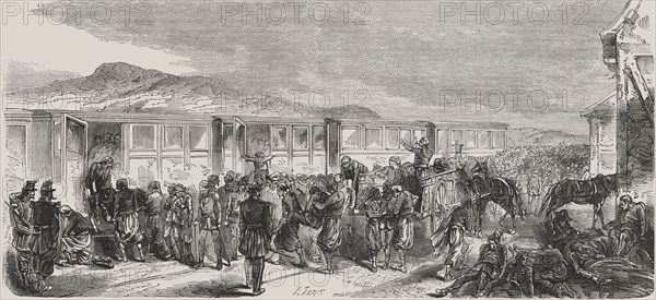 Italy-Austria War of 1859. Austrian soldiers wounded in the Battle of Montebello transported  by ?