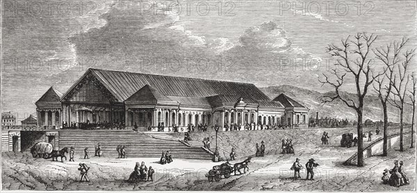 Geneva Station in the railway line Lyon to Geneva, engraving from 1859.