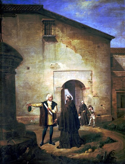 Christopher Columbus (1451 - 1506), navigator and explorer, oil painting 'Arrival at La Rabida fo?