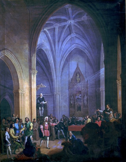 Christopher Columbus (1451 - 1506), navigator, oil painting 'Royal Pragmatic Reading in the Churc?