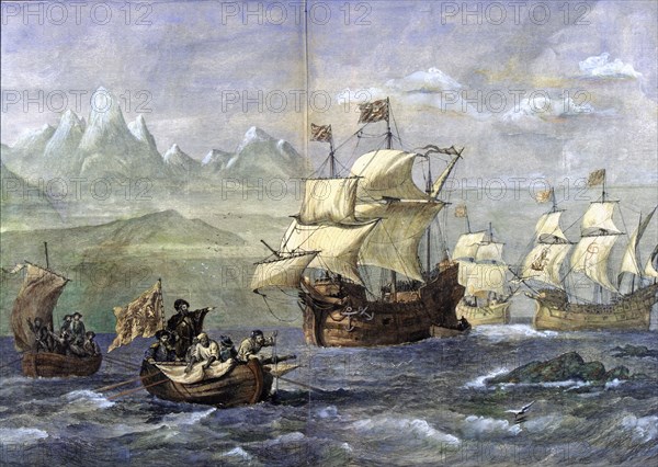 Discovery of the Magellan Strait, engraved in the 'Spanish and American Illustration'.