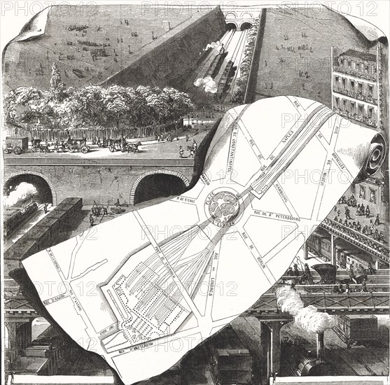 Plan of the rising works of the West station in Paris. French Railways, engraving 1851.