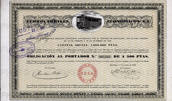 Bond of Ferrocarriles Económicos S.A., to the 6%, Barcelona October 1, 1926 (railway from Tortosa?