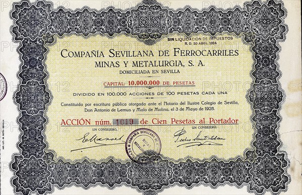 Action of 100 pesetas of the Compañía Sevillana de ferrocarriles, minas y metalurgia, S.A., Sevil?