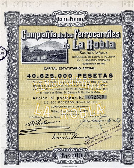 Action of 500 pesetas of the Compañía de los Ferrocarriles de la Robla, S.A., Bilbao, December 15?