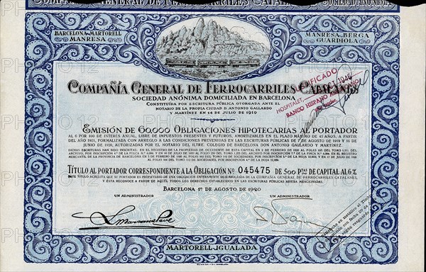 Obligation of 500 pesetas of the Compañía General de Ferrocarriles Catalanes, S.A., at 6%, Barcel?