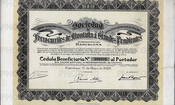 Beneficiary document of the Sociedad de Ferrocarriles de Montaña a Grandes Pendientes, S.A., Barc?