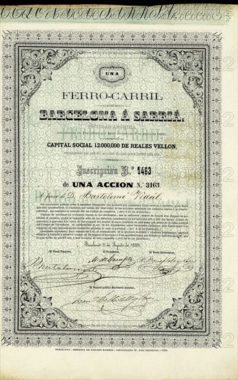 100 Pesos share from the Ferrocarril de Barcelona a Sarria, ??SA, Barcelona August 8, 1859.
