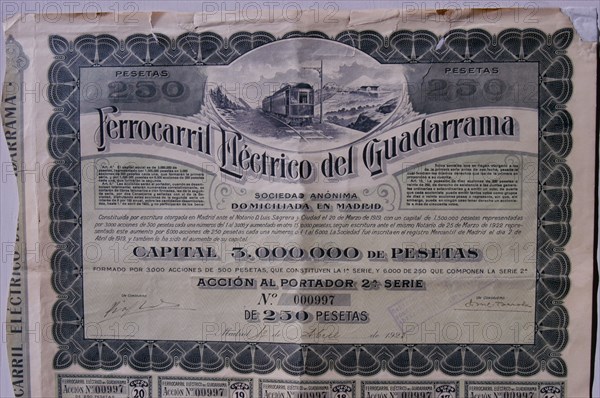 250 pesetas share from the Ferrocarril Eléctrico del Guadarrama, SA, Madrid April 1, 1923.