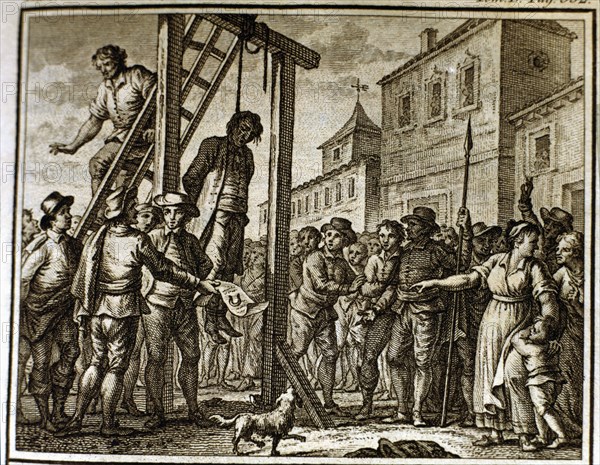 Hanging the Governor by settlers during the French occupation (1650), engraving, 1807.