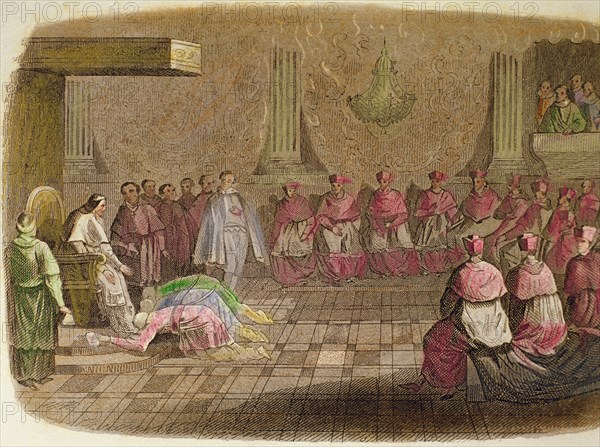 Japanese Ambassadors kneel at the feet of Pope Gregory XIII in 1585, engraving, 1850.