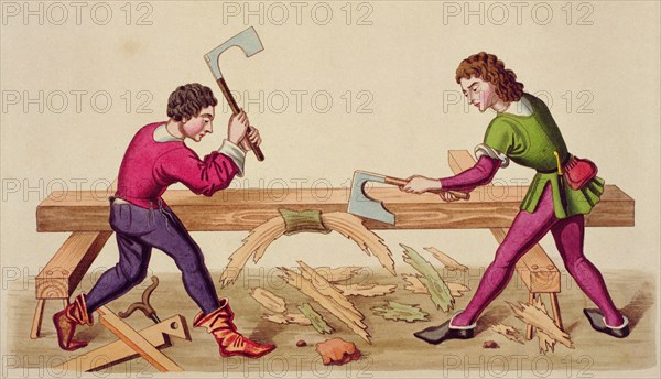 Medieval craftsmen carpenters 1497, engraving.