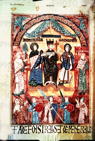 Queen Jimena and Alphonse III the Great (848-910) before the bishop Gorneus, miniature in the 'Bo?