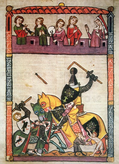 Fighting between knights, miniature in 'Cimelia Heidelbergensia'.