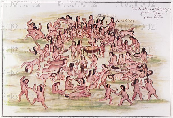 Discovery and Conquest of America, the effects of alcohol on the Indians, drawing from the book '?