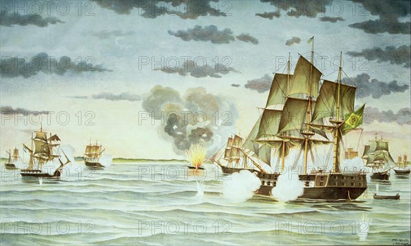 Battle of Quilmes during the Cisplatina war between Uruguay and Brazil, engraving.