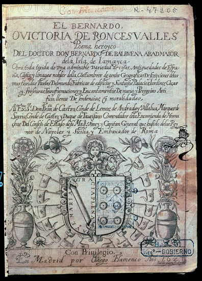 Cover of the 'Victoria de Roncesvalles' by Bernardo de Balbuena, first edition, printed by Diego ?