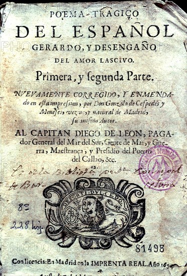 Cover of the 'Poema trágico del español Gerardo y desengaño de amor lasivo' (Tragic Poem of the S?
