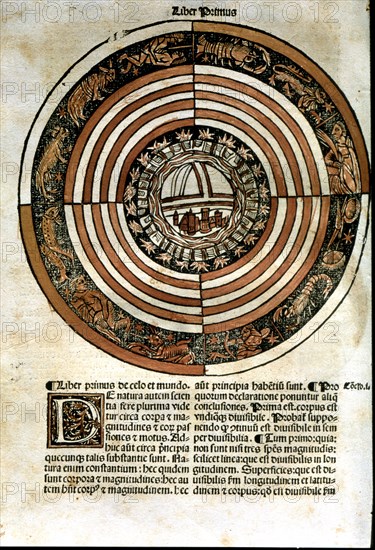 'De Celo et Mundo' by Aristotle, Book I, engraving of the earth as immobile center of the Ptole?