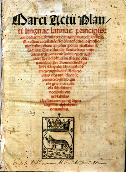 Comedies by Titus Maccio Plauto, cover of the printed edition in 1518.