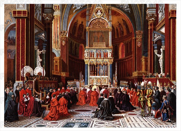 Pontifical ceremonies. Ascension day to the papal chapel of San Juan de Letran. Color engraving f?