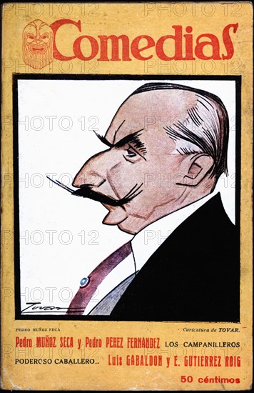 Cover of the publication 'Comedias'. Caricature of Pedro Muñoz Seca (1879-1936). Siglo XX publish?