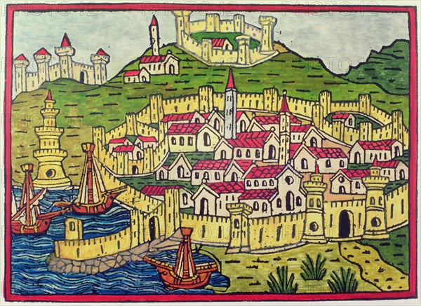 Port and city of Naples in 1482, engraving in the book 'Cosmographia Universalis'.