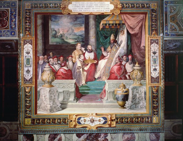 Alexander Farnese with his brother Octavio making an offering to Pope Julius III.