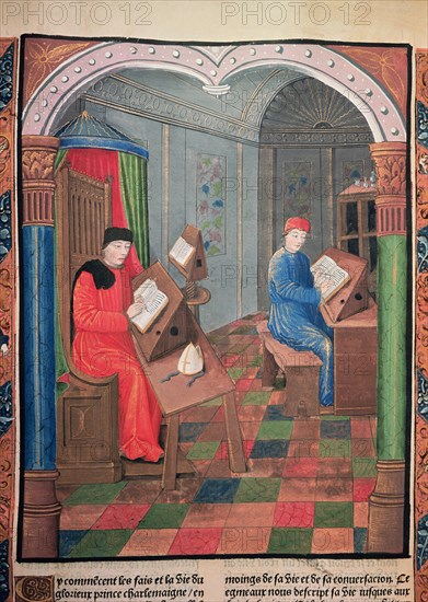 Einhard and Archbishop Turpin writing the history of Charlemagne in the 'Chroniques de France', 1?